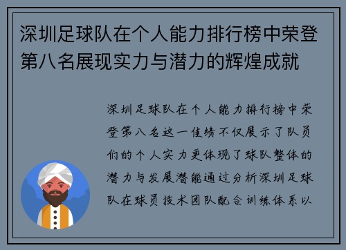 深圳足球队在个人能力排行榜中荣登第八名展现实力与潜力的辉煌成就