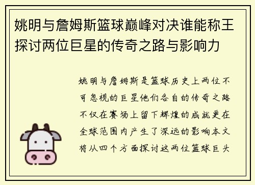 姚明与詹姆斯篮球巅峰对决谁能称王探讨两位巨星的传奇之路与影响力